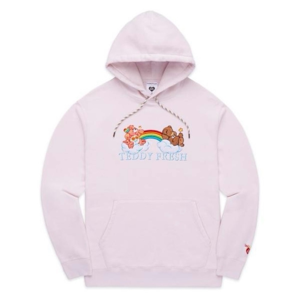 Teddy Fresh x Care Bears Light Pink Sweatshirt Hoodie Embroidered Rainbow Size L